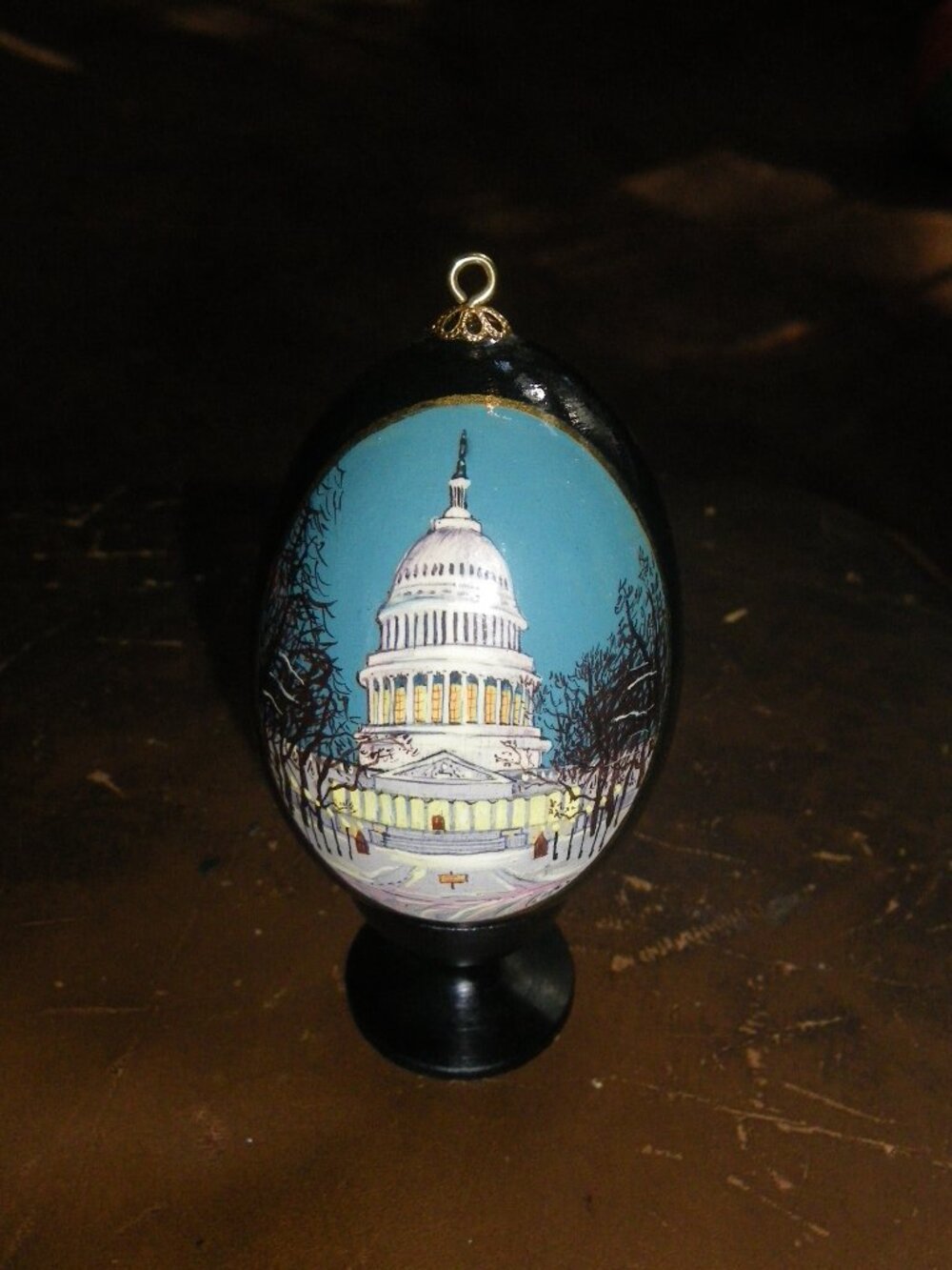Vintage Hand Painted Wooden Decorative Egg Ornament The Capital w/ Stand 47/1500